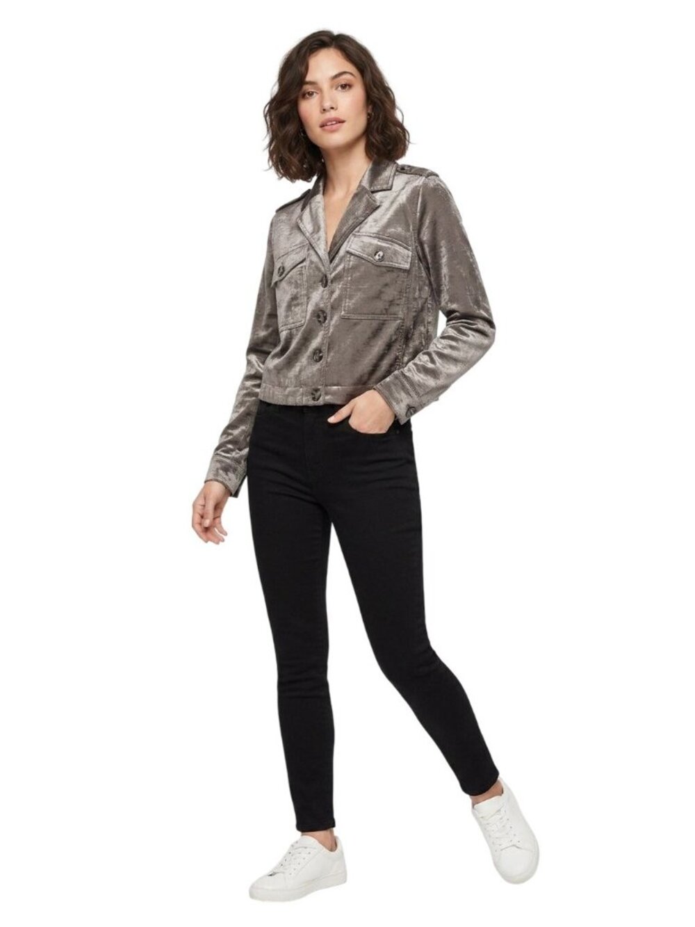 Cabi Women's Metallic Platinum Gray Notch Collar Sunday Topper Jacket Size Small